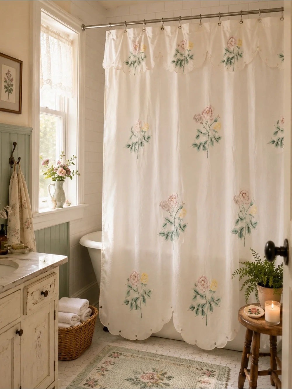 VTG Floral Embroidered White Shower Battenburg Lace Curtain Sweet 3D flowers!